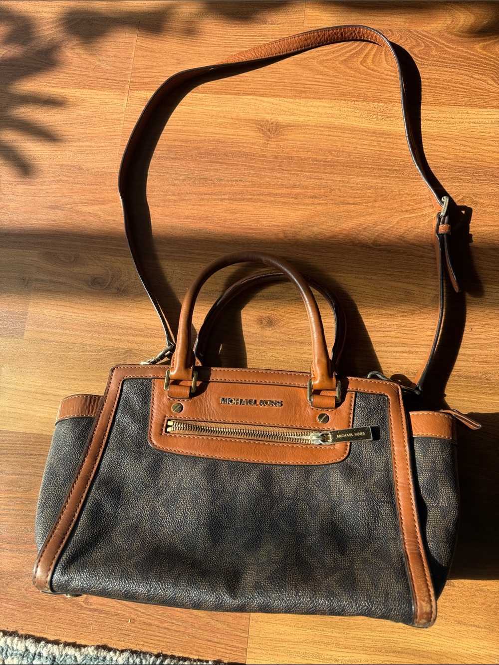 Michael Kors Brown and Tan Signature Satchel with Gold Hardware